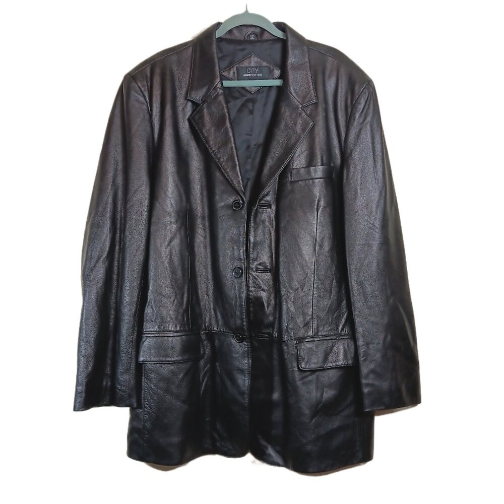CITY Jones New York Leather Blazer Men's 46L Black 3-Button Notch Lapel Casual